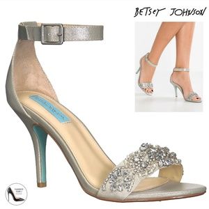 Betsey Johnson Gina Jeweled Ankle Strap Dress Sandals Silver Satin Stiletto Heel